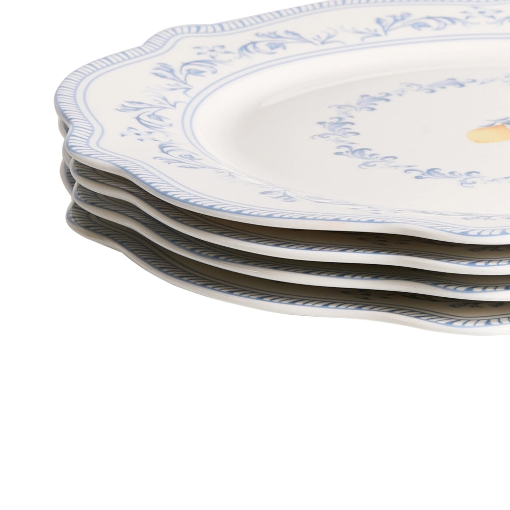 Set da 24 stoviglie in porcellana bianca e blu con finitura smaltata e motivo a foglie: ciotole e piatti per cucina e sala da pranzo