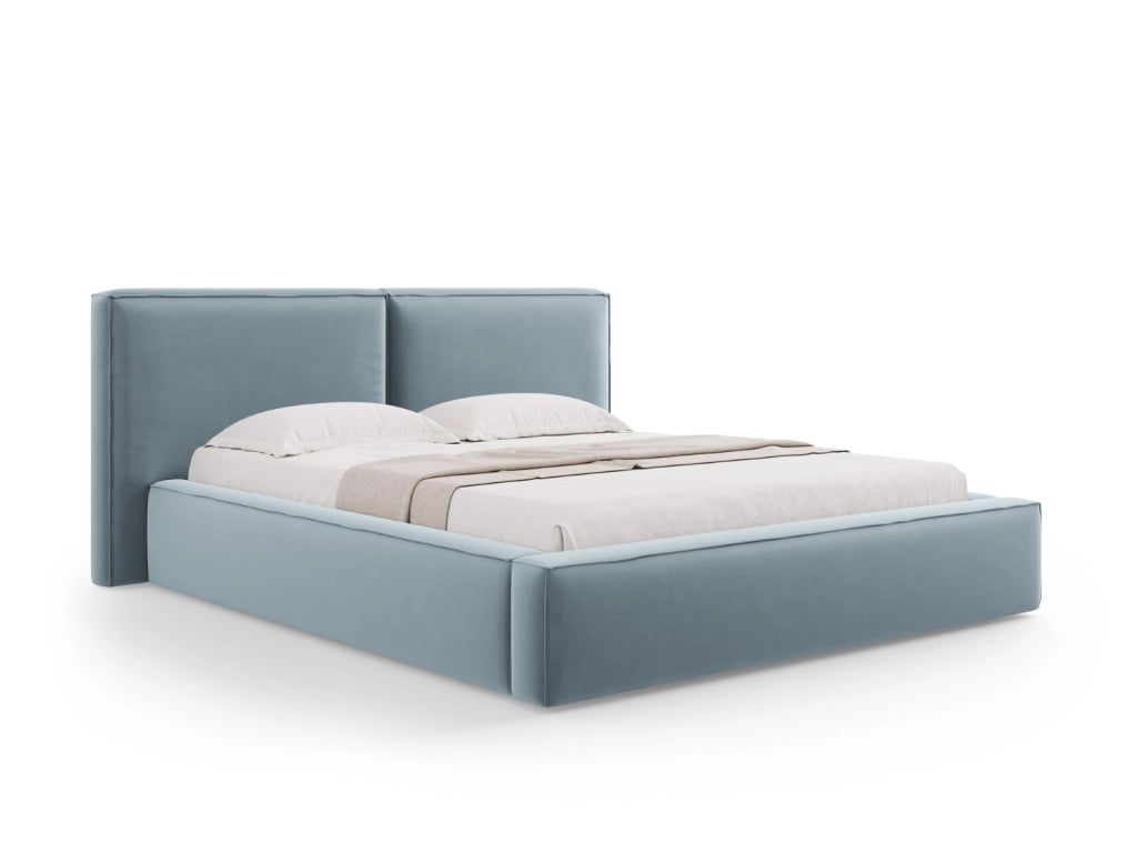 Cosmopolitan Design - Letto a cassettone con testiera doppia "Arendal" 160x200cm in velluto azzurro 