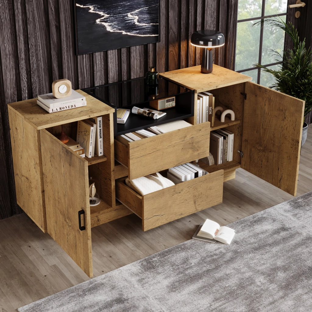 Credenza in finitura rovere con 2 cassetti, 2 ante e vano aperto, H70 L140 P40 cm