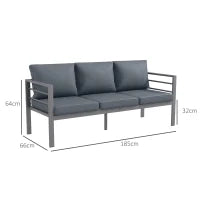 Divano da Giardino 3 Posti con Cuscini per Seduta e Schienale, in Alluminio, 185x66x64 cm, Grigio