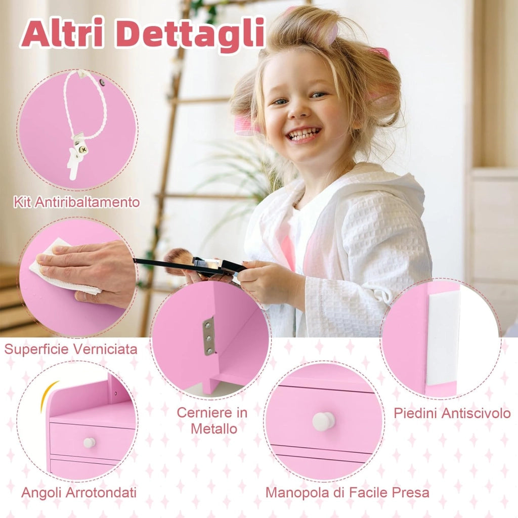Toeletta Trucco 2 in 1 per Bambina, Specchiera per Ragazza in Legno con Mensole, Cassetto, Ripiani e Luci LED Regolabile, Postazione Trucco per 3 Anni, 80 x 40 x 94 cm (Rosa)
