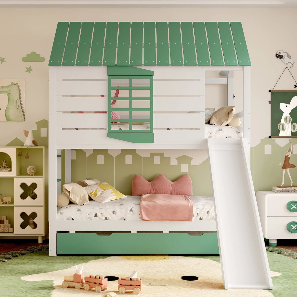 LETTO A CASTELLO IN FORMA DI CASA 90x200 cm CON SCIVOLO E LETTO ESTRAIBILE BIANCO/VERDE