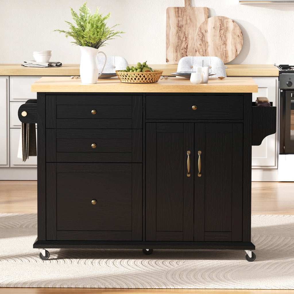Carrello da Cucina con 2 Ante; Cassetti; Piano Estensibile; Portaasciugamani e Ruote in MDF 107 x 45-70 x 90.5 cm Nero e Naturale