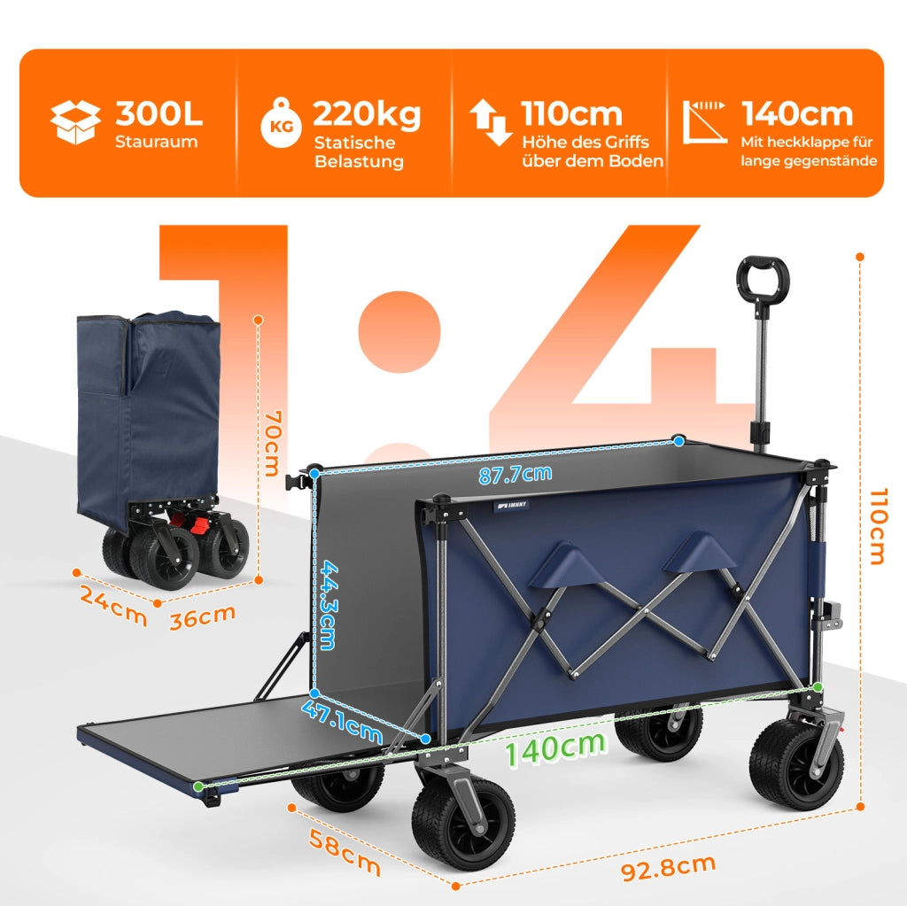 Carrello pieghevole con sponda estensibile e ruote fuoristrada
