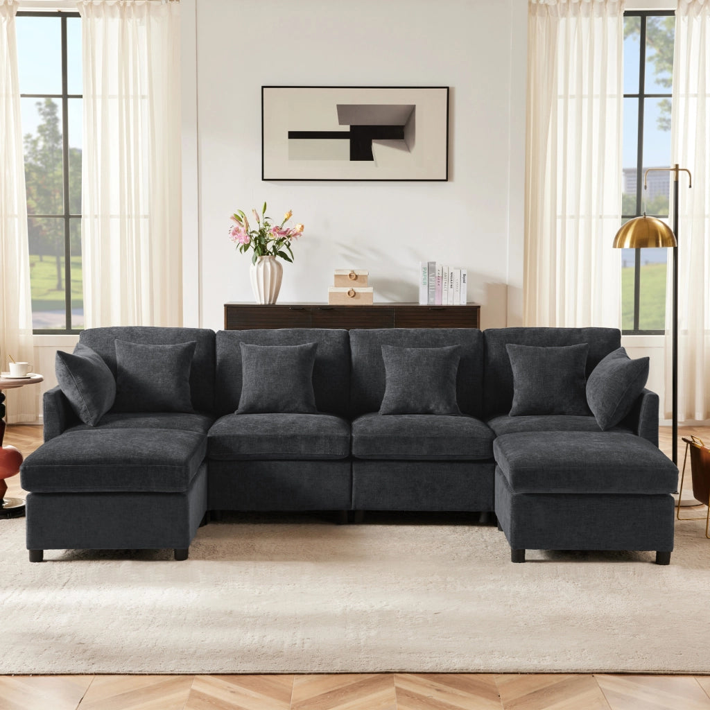 Divano modulare 278x161x81 cm trasformabile in U e L in ciniglia grigio