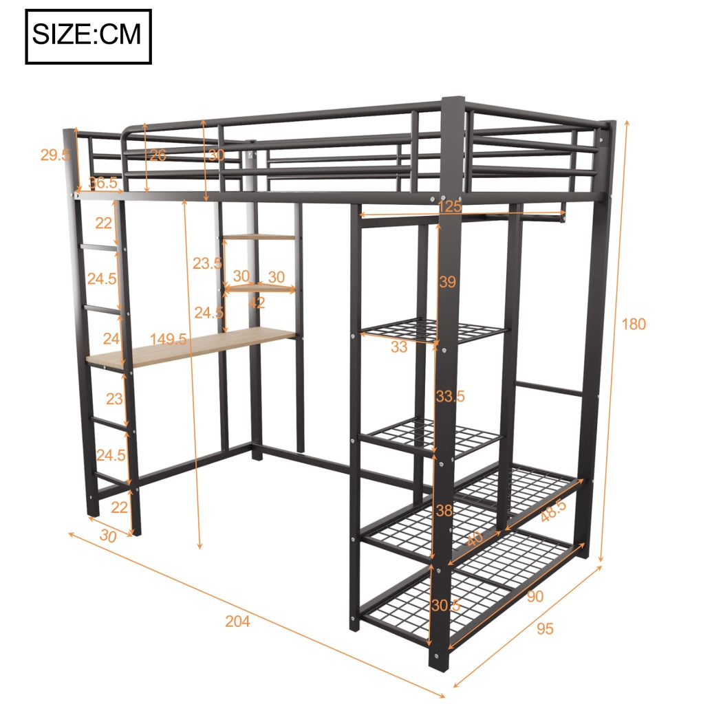 Letto a soppalco 90x200 cm multifunzionale con scrivania; armadio laterale e scala nero