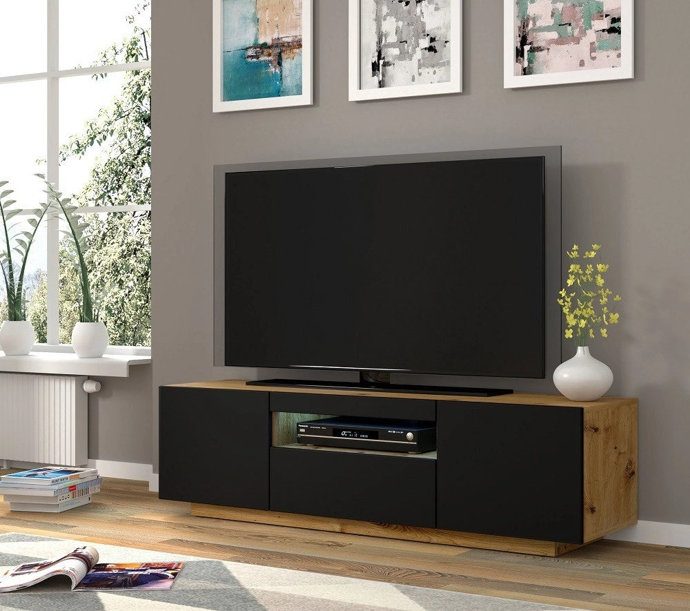 Mobile TV sospeso o a terra Led Incluso 150x42/36x37 Cm STAND AURA struttura Rovere e frontali Nero opaco