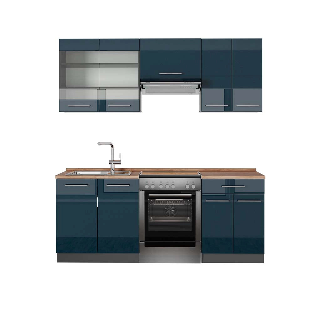 Mobili da cucina Fame-Line Blu scuro lucido/Antracite 200 cm, PL Rovere Vicco