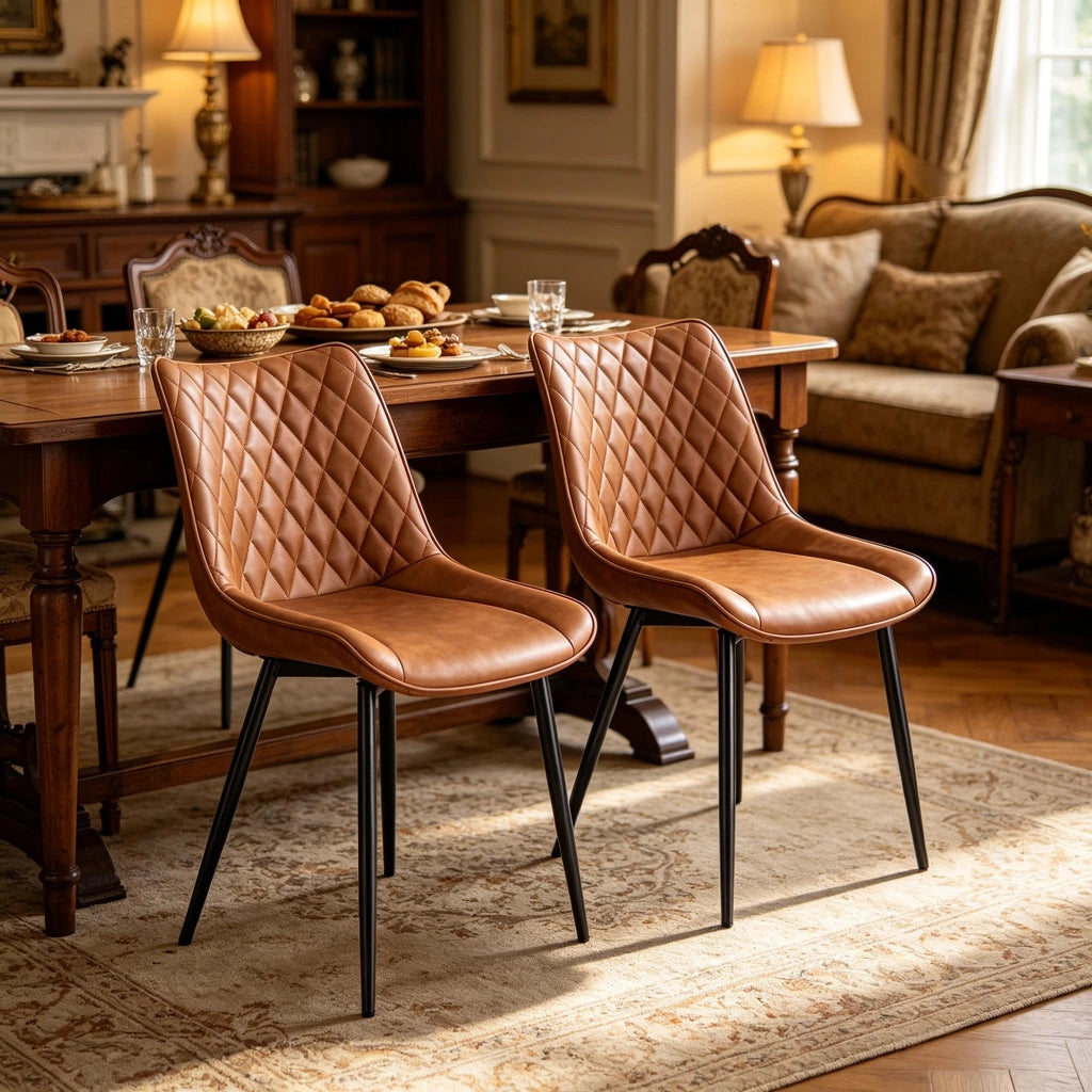 Sedia da pranzo Set da 2 con Schienale Ergonomico Curvo e Piedini Antiscivolo in Similpelle Marrone Chiaro