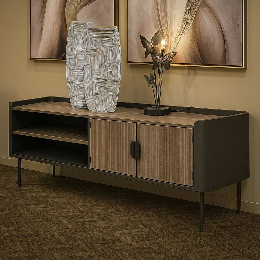 Mobile porta TV Cannon, Credenza da soggiorno, Armadio basso per TV, Base parete attrezzata, 150x42 h58 cm, Grigio e Marrone
