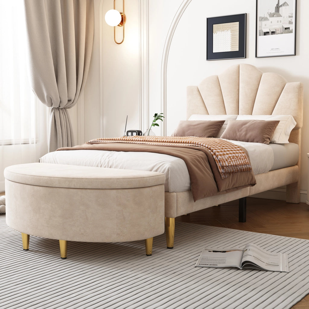 Panca Contenitore con Seduta Imbottita Confortevole; Design Europeo Elegante; Gambe in Metallo in Velluto Beige
