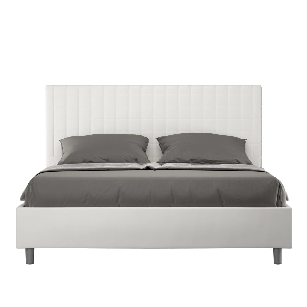 Letto Matrimoniale 160x200 cm con Rete e Contenitore con Testata e Alzata Comoda Imbottito in Similpelle Sunny Bianco