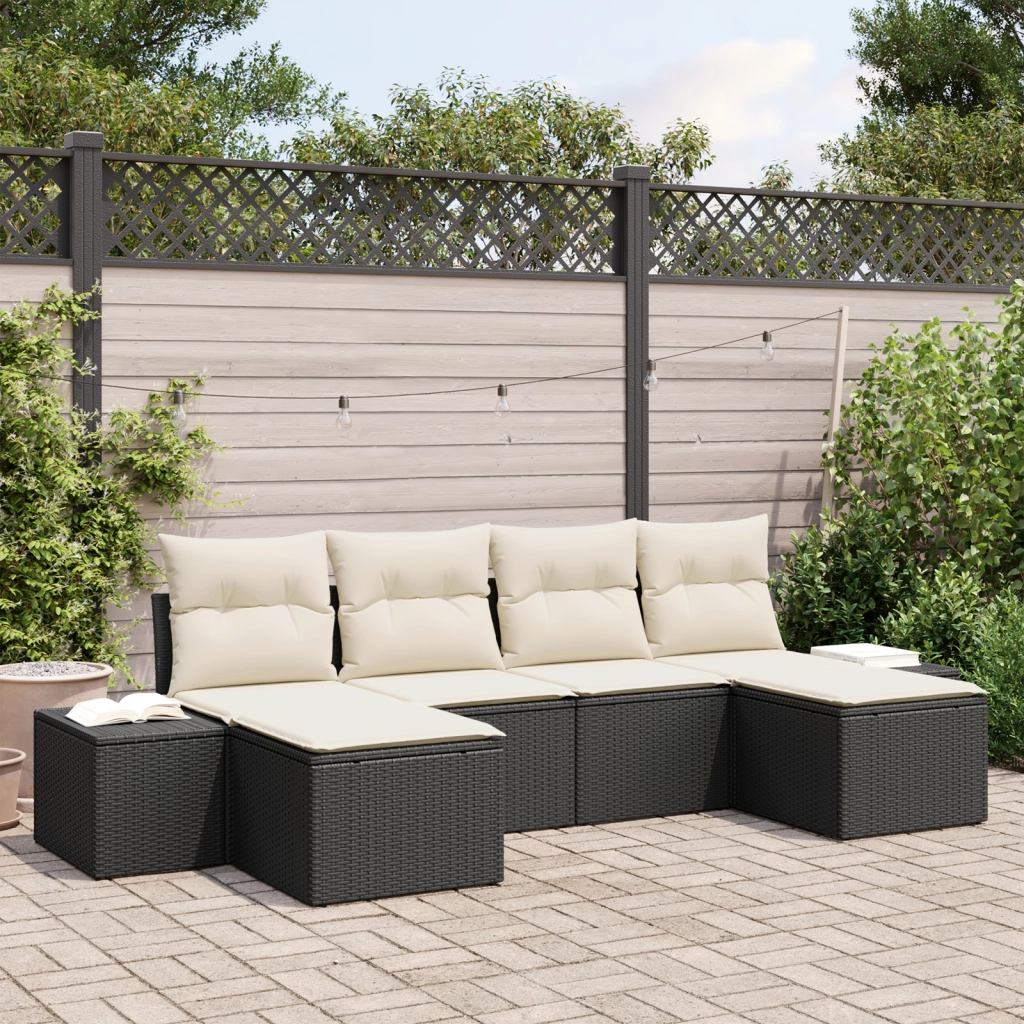 Set divano da giardino 6 pezzi con cuscini Nero Polyrattan