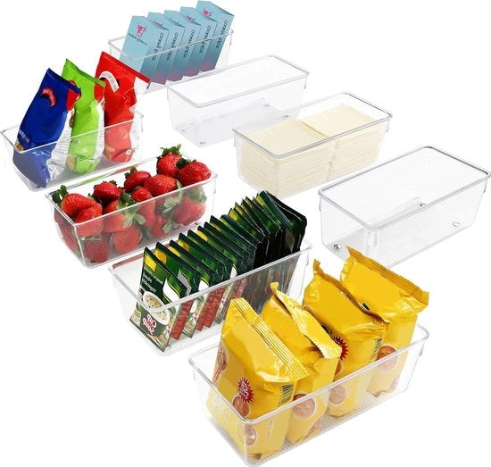 Tray per Contenitore di Stoccaggio - Cucina - Frigorifero e Armadio - Materiale Plastico - Contenitori di Stoccaggio - Adatto per varie aree - Chiari - Organizzazione - 8 pezzi - 20cm Lunghezza - Stoccaggio Congelatore e Casa.