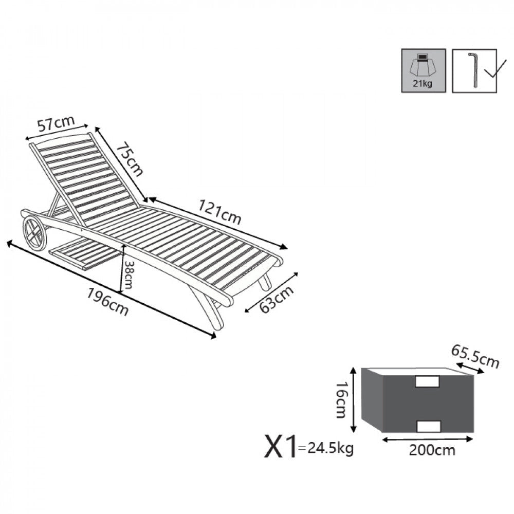 Lettino Prendisole da Giardino con Ruote 197x63x37/100 h cm in Legno Marrone