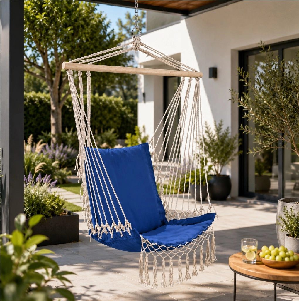 Sedia Poltrona Sospesa Giardino con Cuscino Imbottito Amaca Dondolo Celeste