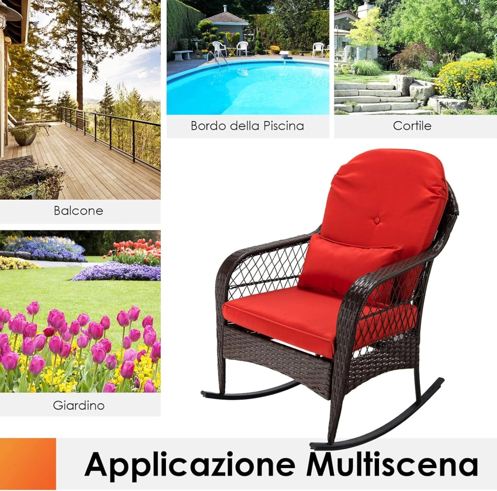 Sedia a Dondolo in Rattan per Cortile, Poltrona da Esterno con Cuscini Morbidi, Struttura in Acciaio Resistente, Sedile Ergonomico per Piscina Balcone Giardino, Carico Massimo 110 kg