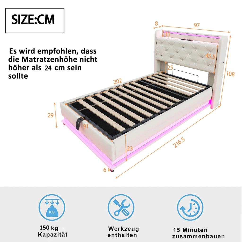 Letto imbottito 90x200 cm; testiera apribile e luci LED; lino beige