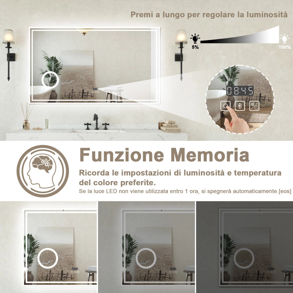 Specchio Luminoso da Bagno 120x70cm con Bluetooth, 3 Luci LED, Regolabile, Lente d'Ingrandimento, Orologio, Anti-Appannamento e Memoria