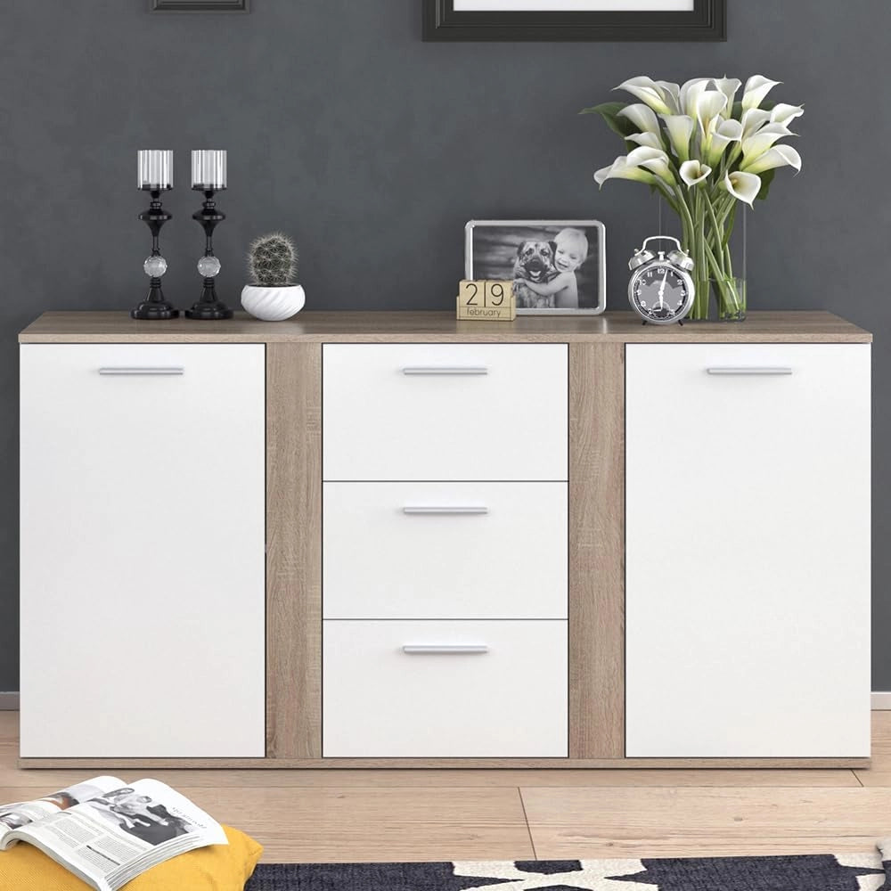 Credenza Novelli, Bianco/Sonoma, 155 x 80 cm con cassetti
