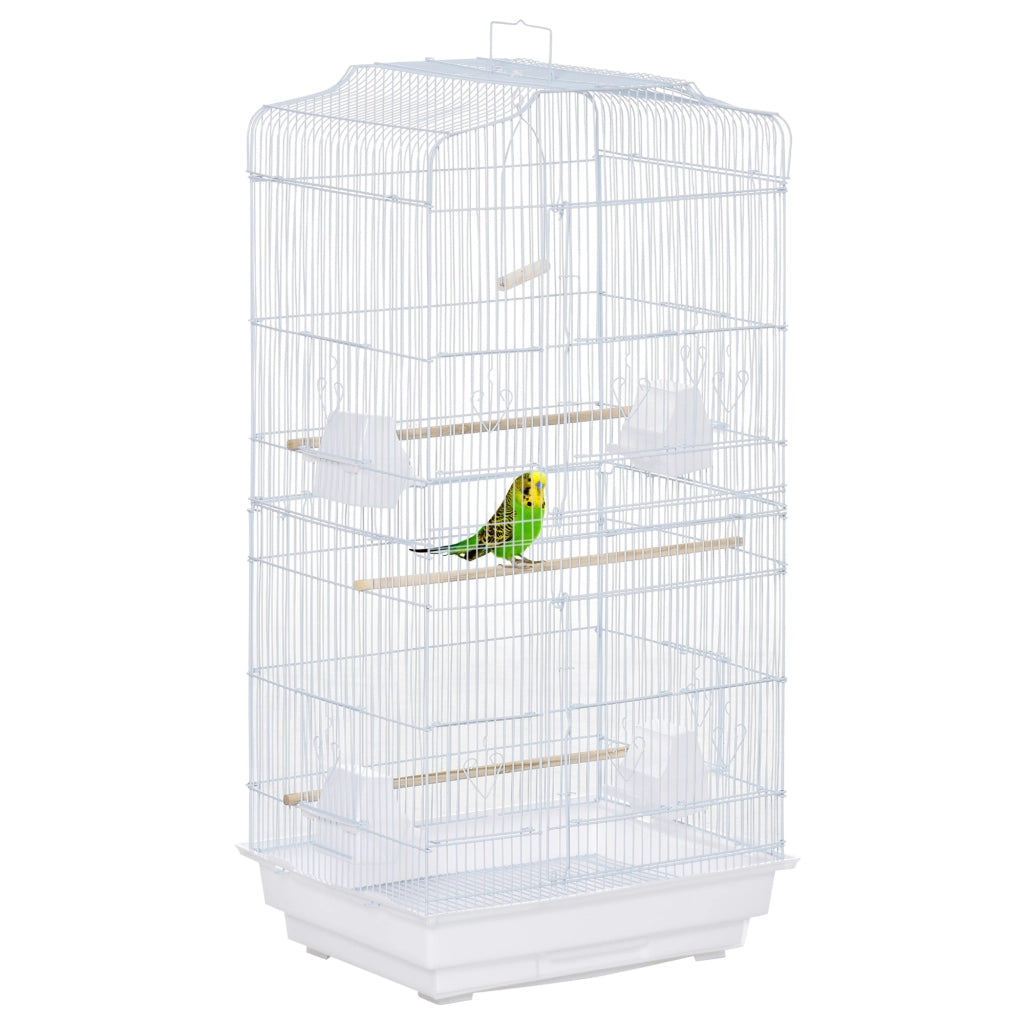 Gabbia per Uccelli in Metallo con 4 Mangiatoie 3 Posatoi e Vassoio Estraibile ¨C zephmum ¨C 46.5x35.5x92 cm Bianco