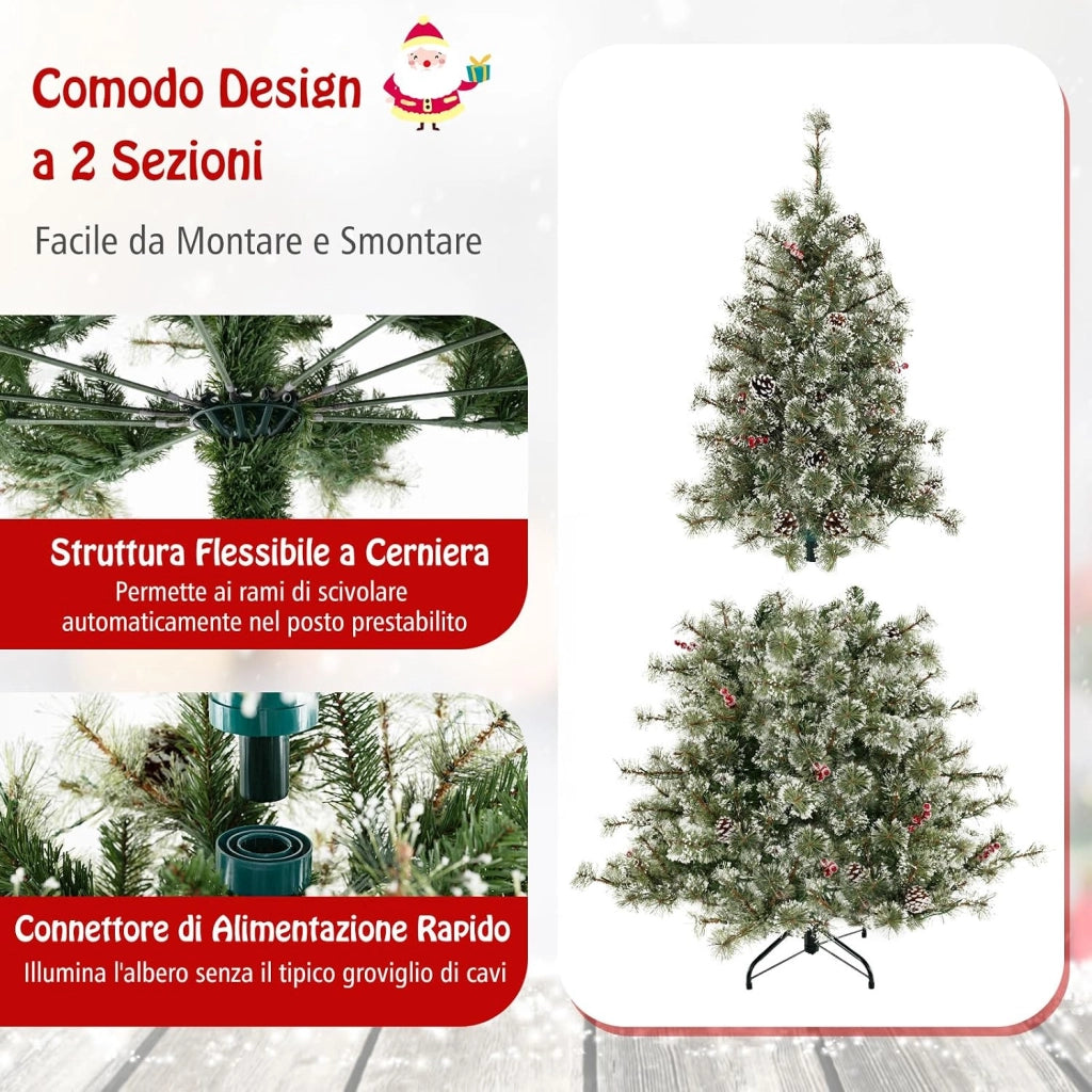 Albero di Natale Artificiale 180 CM, Albero di Natale Pre-Illuminato con 350 Luci LED Multicolore e Calde, 9 Modalità, 598 Punte di Pino, 42 Pigne e 42 Bacche Rosse