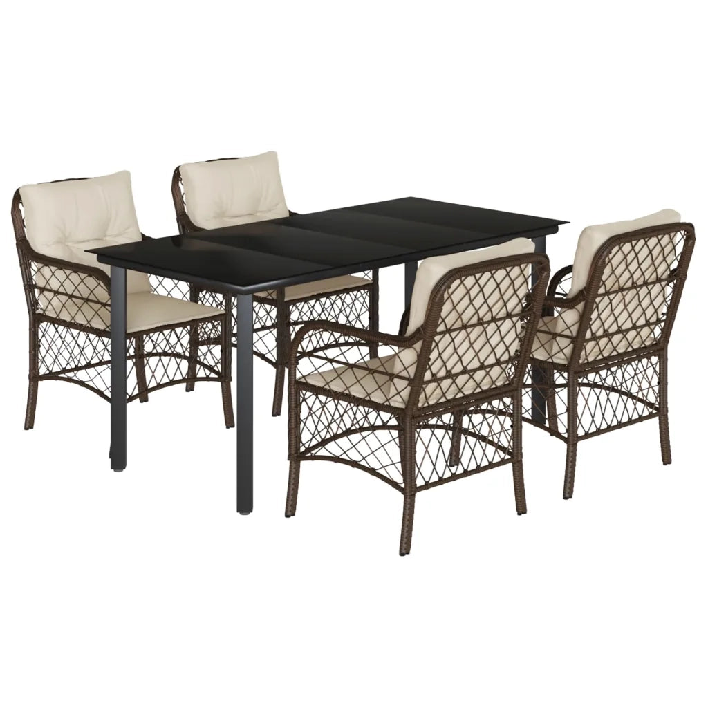 Set da Pranzo da Giardino 5pz con Cuscini in Polyrattan Marrone