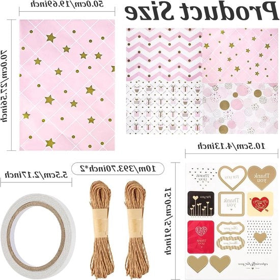 Imballo Regalo Rosa 4 Rotoli Set di Carta Regalo con Accessori