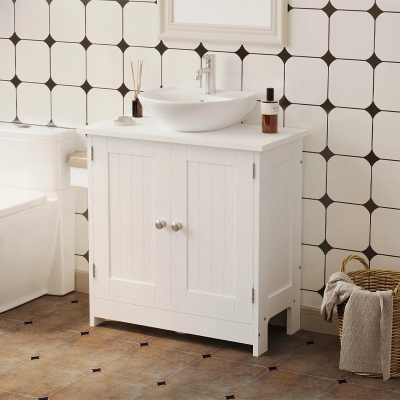 Mobiletto da bagno bianco con ante, ripiani in legno e mensola 60 cm
