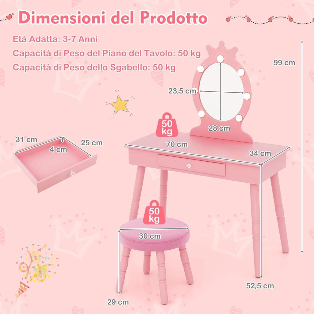 Set Toeletta Trucco per Bambina con Sgabello, Specchiera Trucco Staccabile con Luci LED a 3 Colori, Postazione Trucco Giocattolo con Cassetto e Accessori, per Bambine di 3-7 Anni (Rosa)