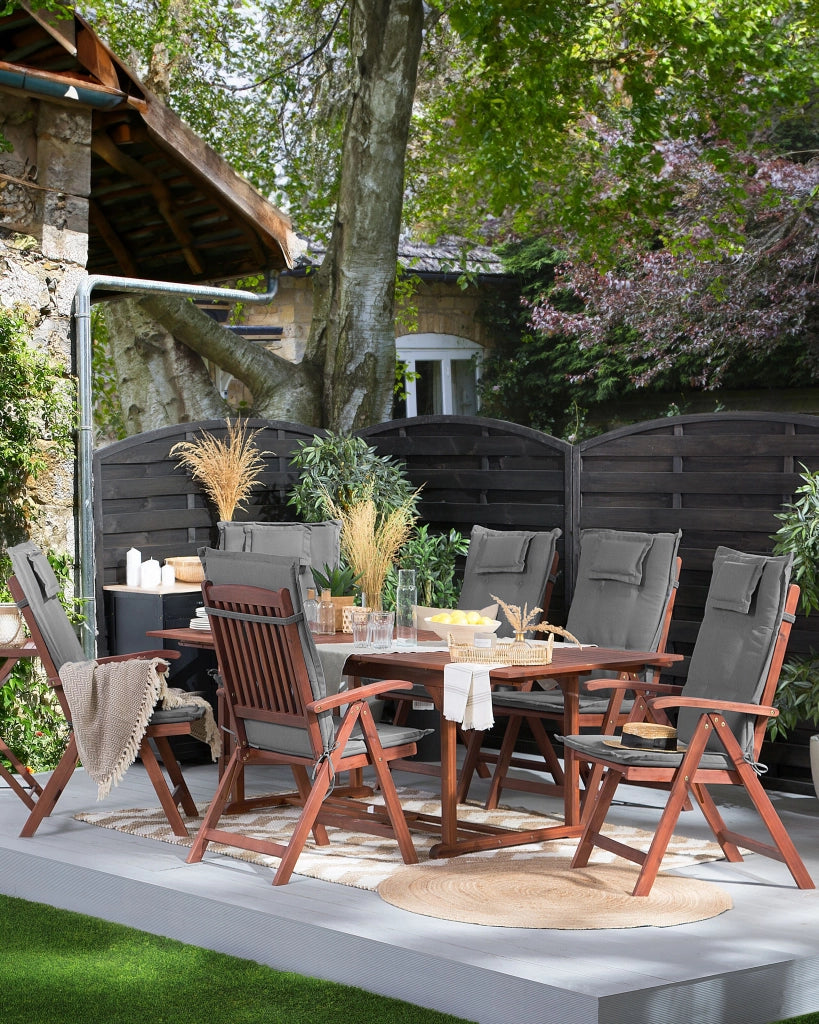 Set di 6 sedie da giardino in legno di acacia grigio cuscino regolabile pieghevole per esterni in stile rustico country