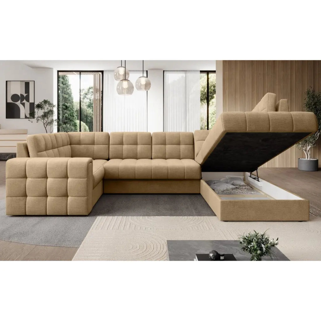 Divano angolare convertibile MONTEZA marrone chiaro 299 cm con contenitore e letto
