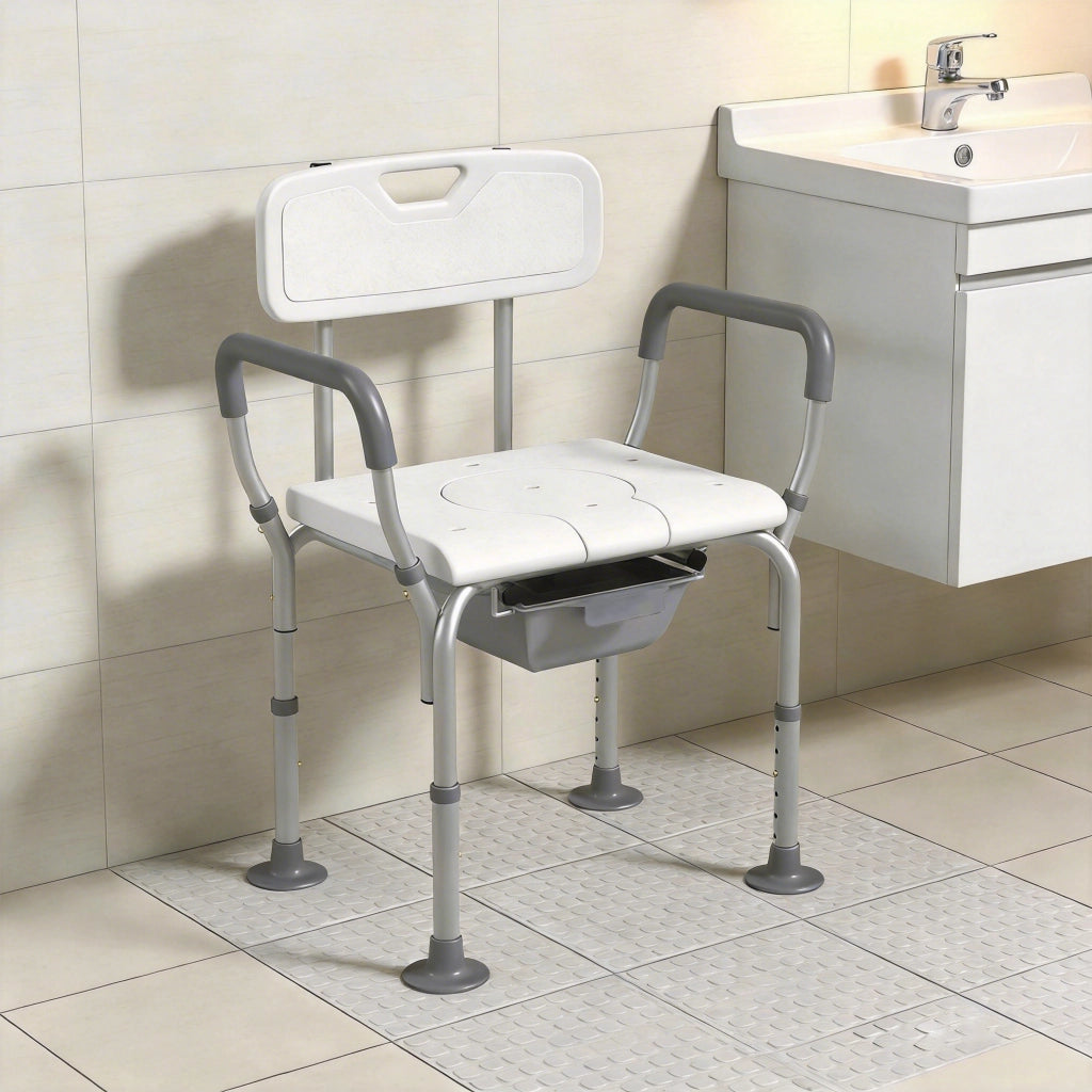 Sedia da Doccia 3 in 1 con Schienale e Braccioli. Altezza Regolabile e Piedini Antiscivolo. Bianco