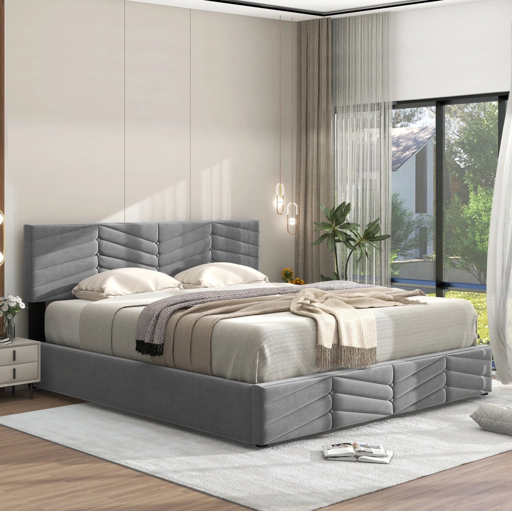Letto matrimoniale imbottito in velluto grigio con contenitore e testiera regolabile