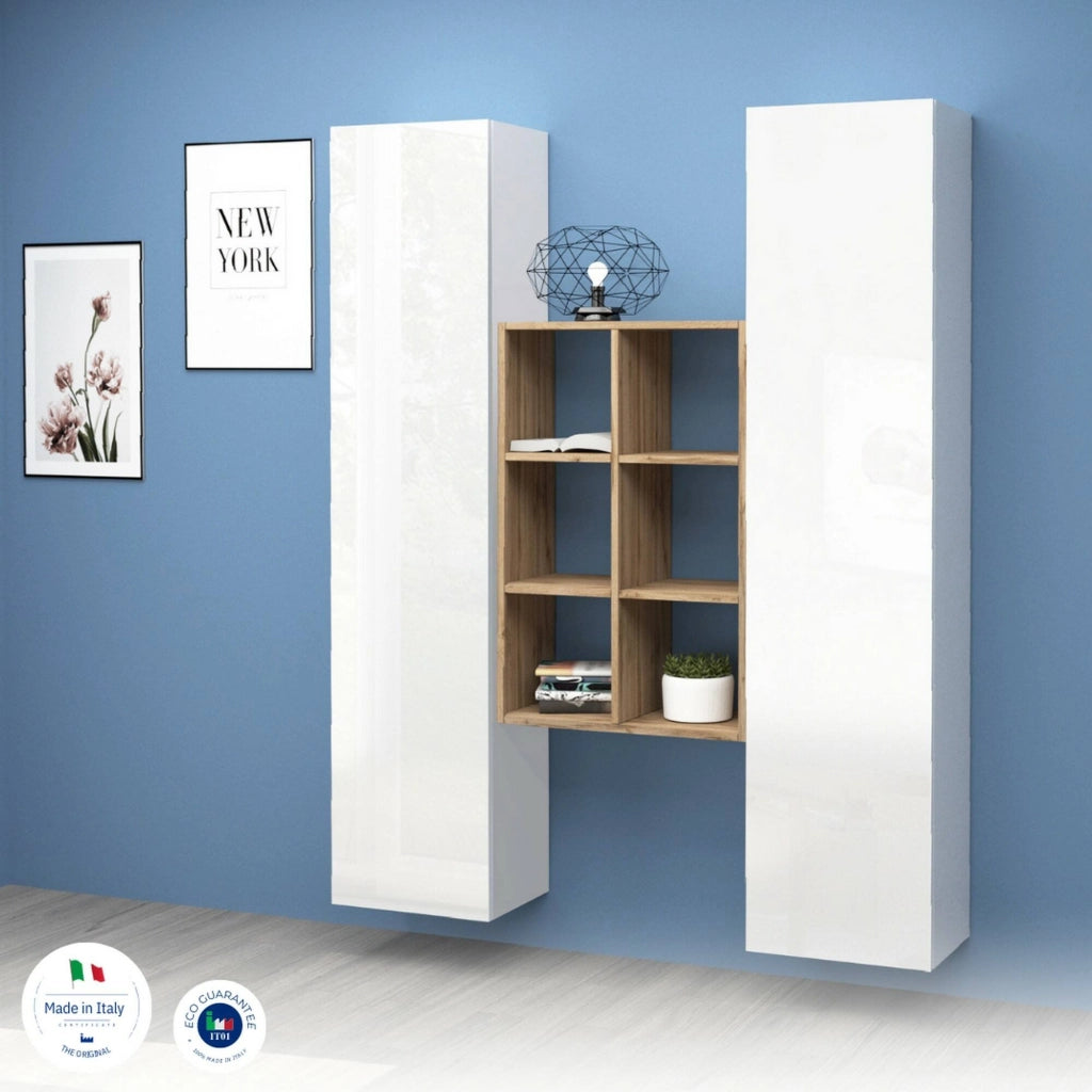 Madia Danila, Credenza 14 Ripiani Made in Italy, 40x30x180h cm Bianco Lucido
