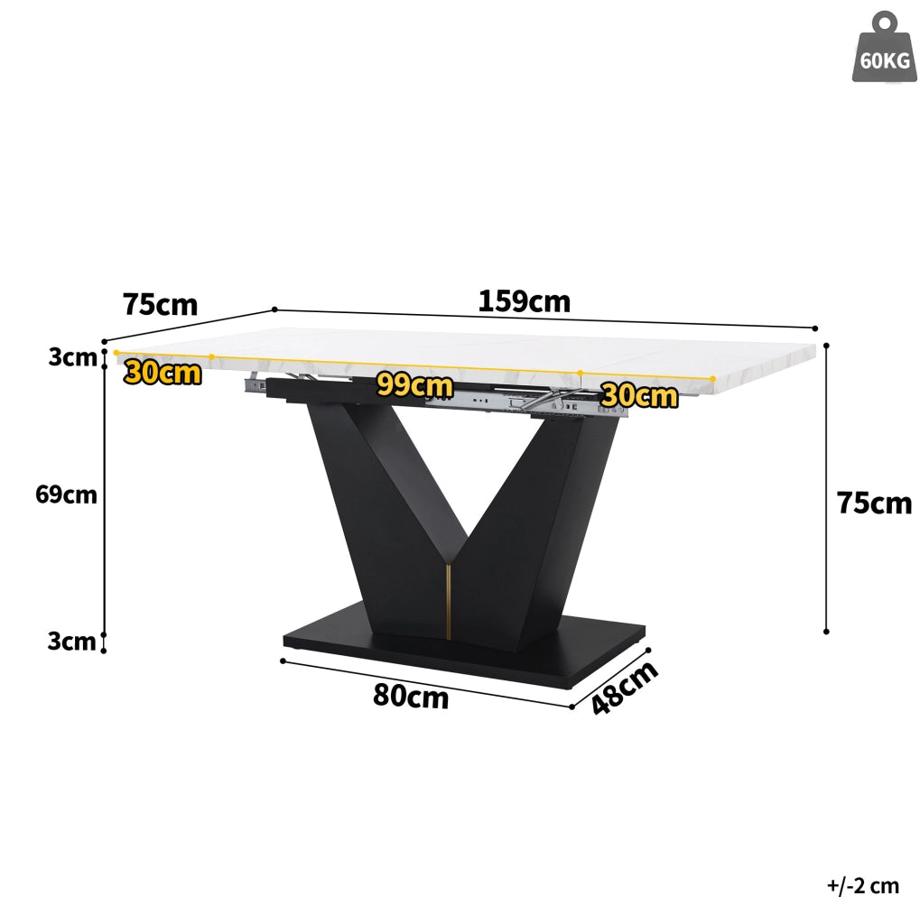 Tavolo da pranzo allungabile 99-159x75x75 cm; MDF effetto marmo bianco e nero