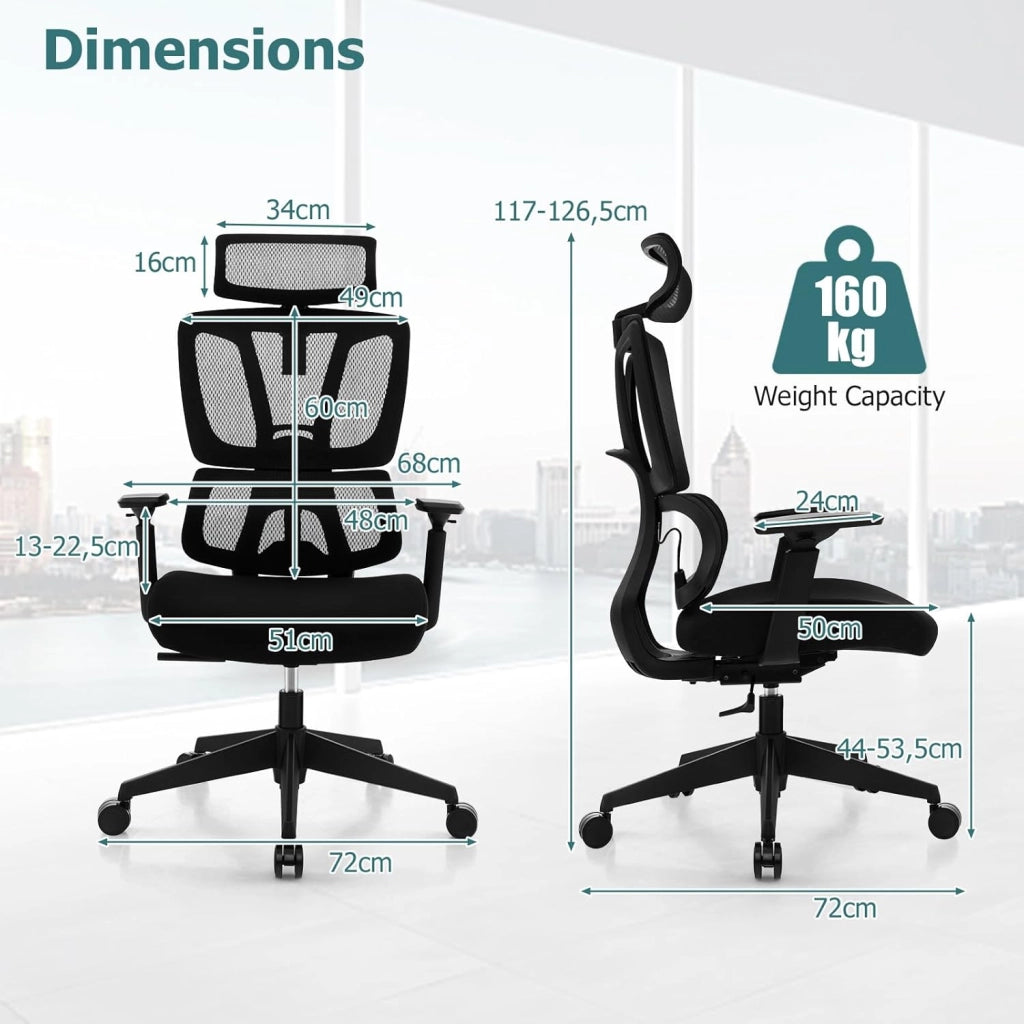 Sedia da ufficio ergonomica con rete traspirante sedia da ufficio regolabile con supporto lombare con poggiatesta e braccioli, girevole con seduta imbottita, nera