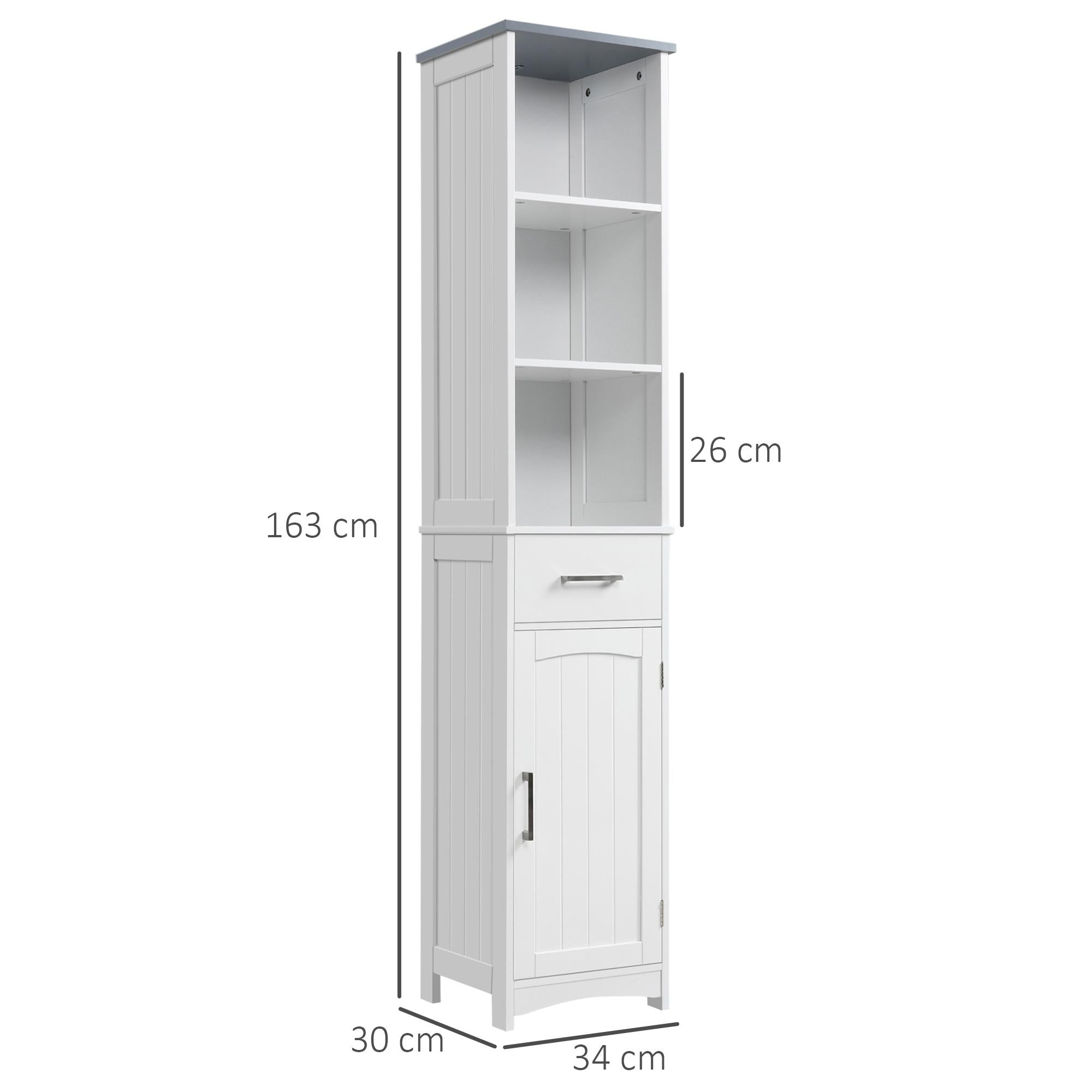 Armadietto Bagno Alto 3 Ripiani 1 Cassetto 1 Anta 34x30x163 cm in MDF Bianco