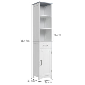 Armadietto Bagno Alto 3 Ripiani 1 Cassetto 1 Anta 34x30x163 cm in MDF Bianco