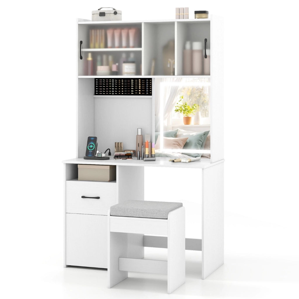 Tavolo da toeletta con specchio e luci con prese di corrente 3 modalit¨¤ di illuminazione, Tavolo cassetto e sgabello-Tavoli da trucco