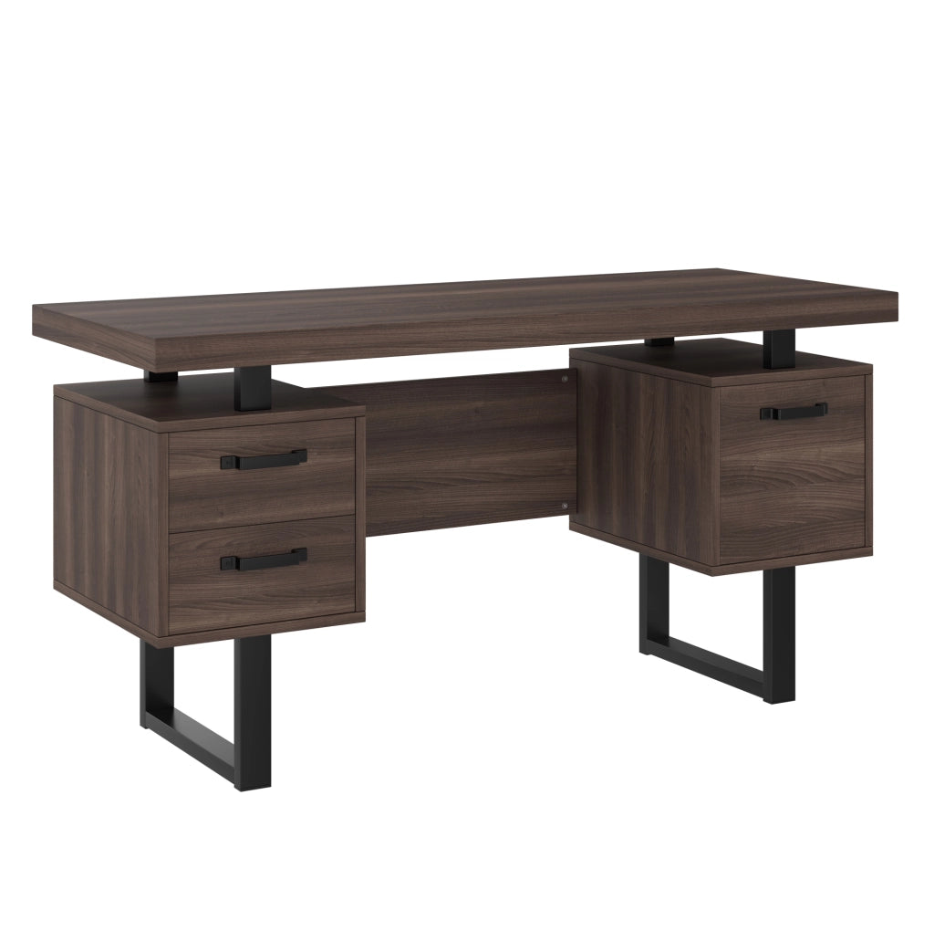 Scrivania 135x54 cm in MDF e acciaio， marrone， con contenitore e cassetti silenziosi