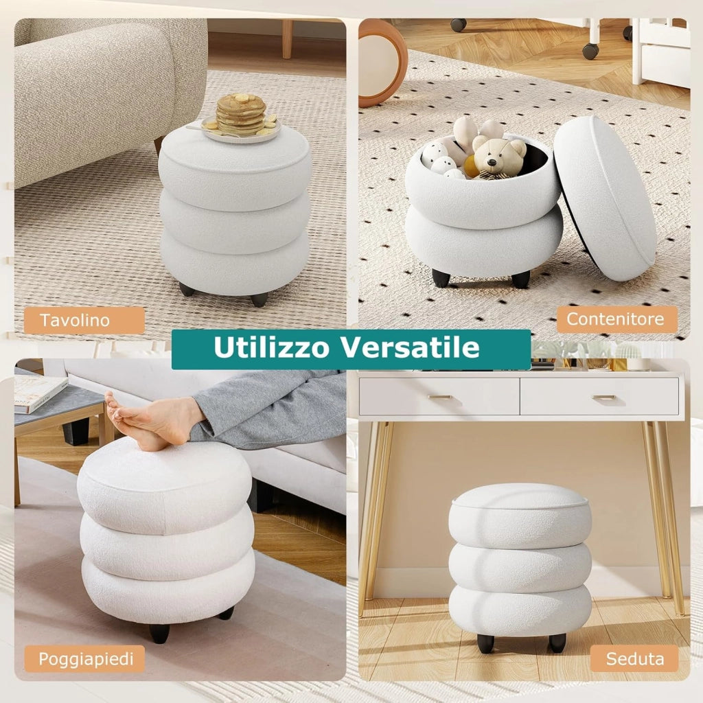 Pouf Contenitore Rotondo 20 L, Ottomano con Coperchio Rimovibile, Sgabello da Trucco con Gambe in Legno di Gomma, Portata 150 kg, per Camera da Letto e Salotto
