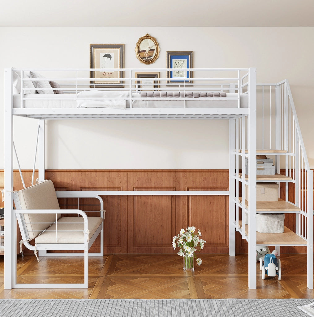 Letto a castello 90x200 cm in metallo e MDF bianco con divano imbottito; scala contenitore