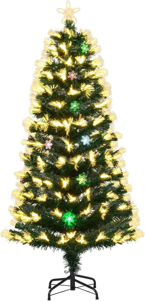 Albero di Natale con Luci in Fibra Ottica 120/150 cm, Albero di Natale Preilluminato con 8 Modalità di Illuminazione, 130/170 Rami, 14/20 Fiocchi di Neve, Puntale a Stella e Base (120 cm)