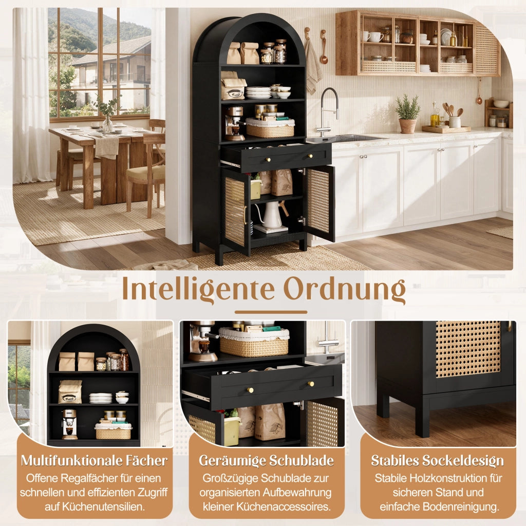Credenza moderna con 3 vani aperti, 1 cassetto e 2 ante, anti-ribaltamento, per soggiorno, nero, 70 × 40 × 170 cm