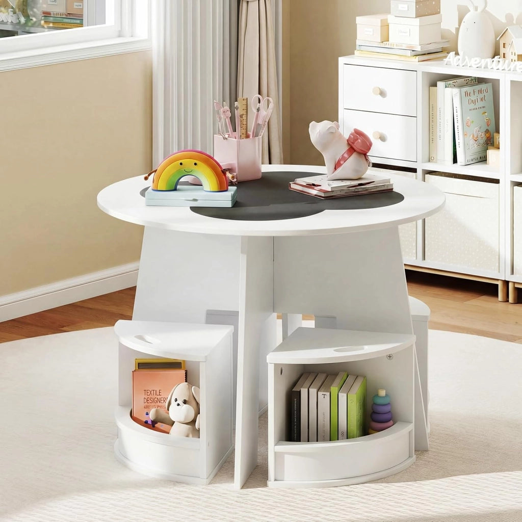 2 in 1 Set Tavolo Rotondo e 4 Sedie per Bambini 3+ Anni (Bianco) | Set Tavolo in Legno Salvaspazio e Sedie con Portaoggetti per Cameretta Ragazzi e Scuola