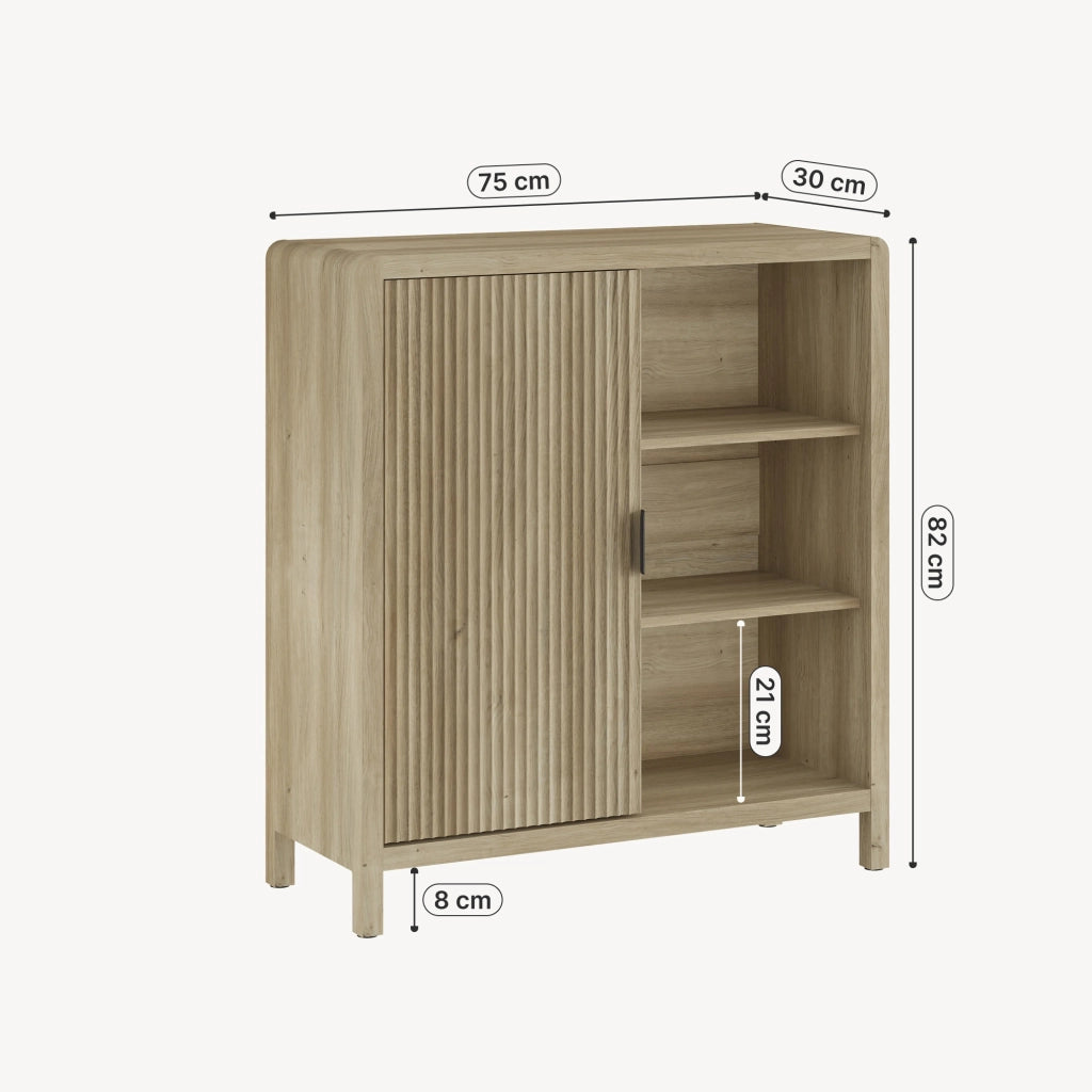 Credenza Lukkodso Comò con Anta e 3 Scomparti Aperti 82 x 75 x 30 cm - Effetto Rovere Medio Chiaro [en.casa]