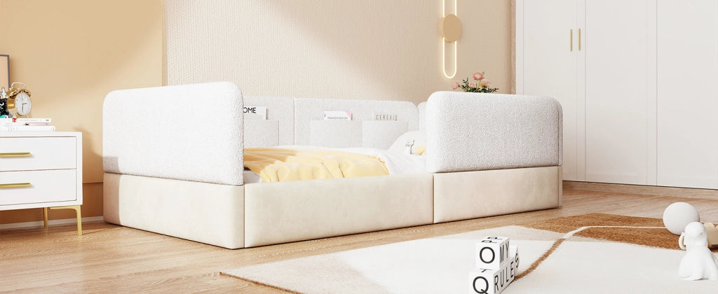 DESMIU Letto singolo 90 × 200 cm con 4 tasche portaoggetti, sponda, senza materasso, bianco