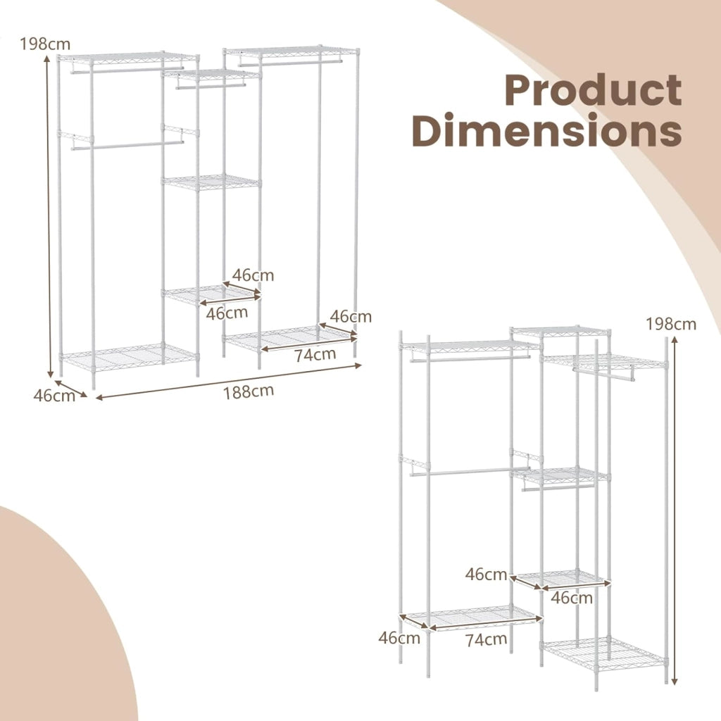 Appendiabiti asino convertibile, armadio per biancheria aperto con 7 ripiani regolabili e 4 aste per appendere, telaio in metallo, 188 x 46 x 198 cm, organizer per vestiti carico max. 530 kg