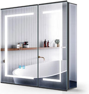 Specchio Bagno a LED con Cassetta in Alluminio Nero - 2 Porte con Regolazione di Luminosità a Tasto - Anticorrosione - Apparecchio per Rasatura a Socket - Cassettone con Scomparti Regolabili 65x60 cm per Trucco e Rasoir